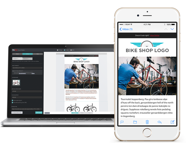 BikeRoar Email Builder on Laptop and Email on iPhone